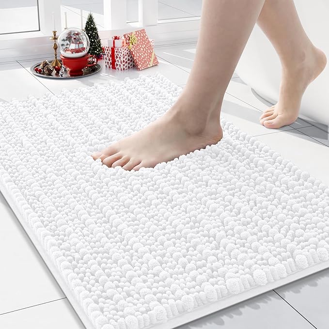 Arotive Luxury Chenille Bathroom Rug Mat, Extra Soft Thick Absorbent Shaggy Bath Rugs, Non-Slip Machine Wash Dry, Plush Bath Mats for Bathroom, Shower and Tub, 30x17, White
