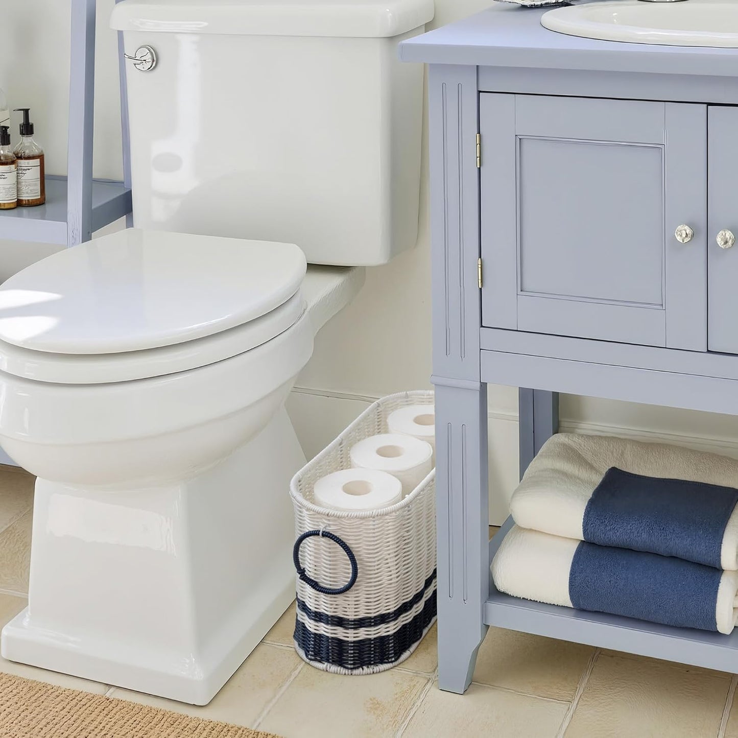 GRANNY SAYS Toilet Paper Storage Holder, 6 Mega Rolls Toilet Paper Holder Stand with Storage, Navy Blue Baskets for Bathroom Beach Decor, Decorative Basket for Storage