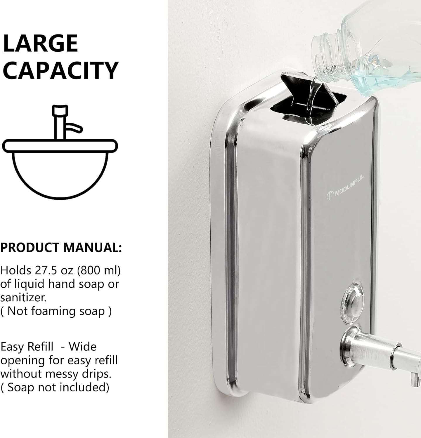 modunful Stainless Steel Soap Dispenser – 27oz Wall Mounted for Family Use, Brushed Nickel, Leak-Proof Pump, Durable Design for Busy Households