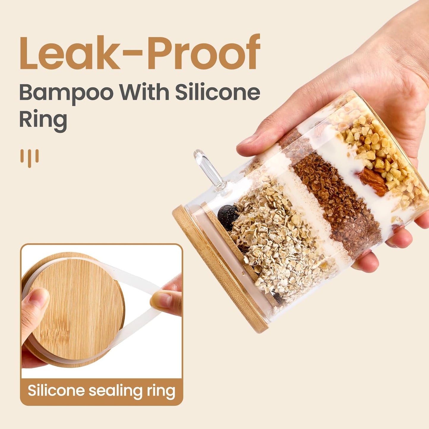 6 Pack Overnight Oats Containers with Bamboo Lids and Spoons - 22 oz Airtight Glass Jars with Lid, Meal Prep Jars for Chia Pudding, Yogurt, Salad, Cereal, Coffee, Flour | Food Storage Canister