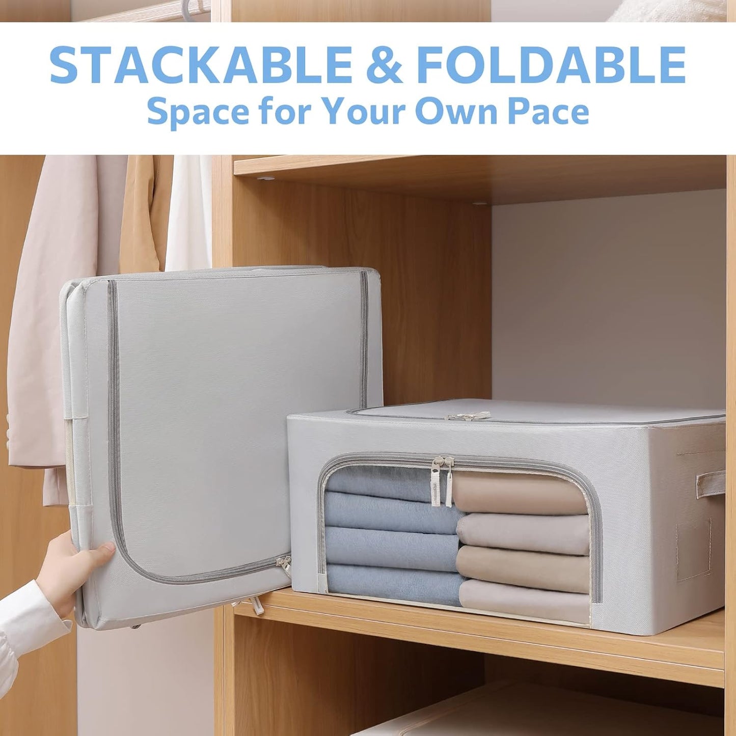 3Pack Frame Storage Box - Clothes Storage Bin Bags Oxford Fabric Foldable Stackable Container Organizer Set with Clear Window & Carry Handles (Grey, Medium-44L)