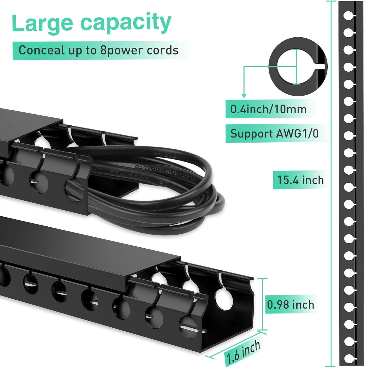 Updated Cable Raceway Kit - 154 (10x15.4) Inch Open Slot Wire Covers for Cords, Under Desk Cable Management System to Hide Under Desk/Tv/Computer/Net/Power Cords, (Pack 10)