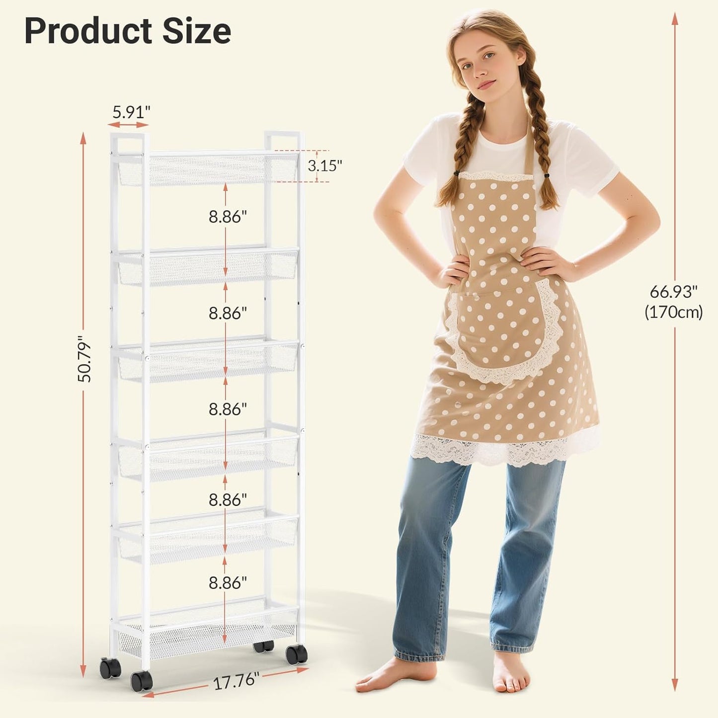 6 Tier Slim Storage Cart, Narrow Cart with Wheels, Metal Mobile Shelving Unit Organizer for Bathroom, Kitchen, Laundry Room, Living Room & Narrow Spaces, White, 6in(W)