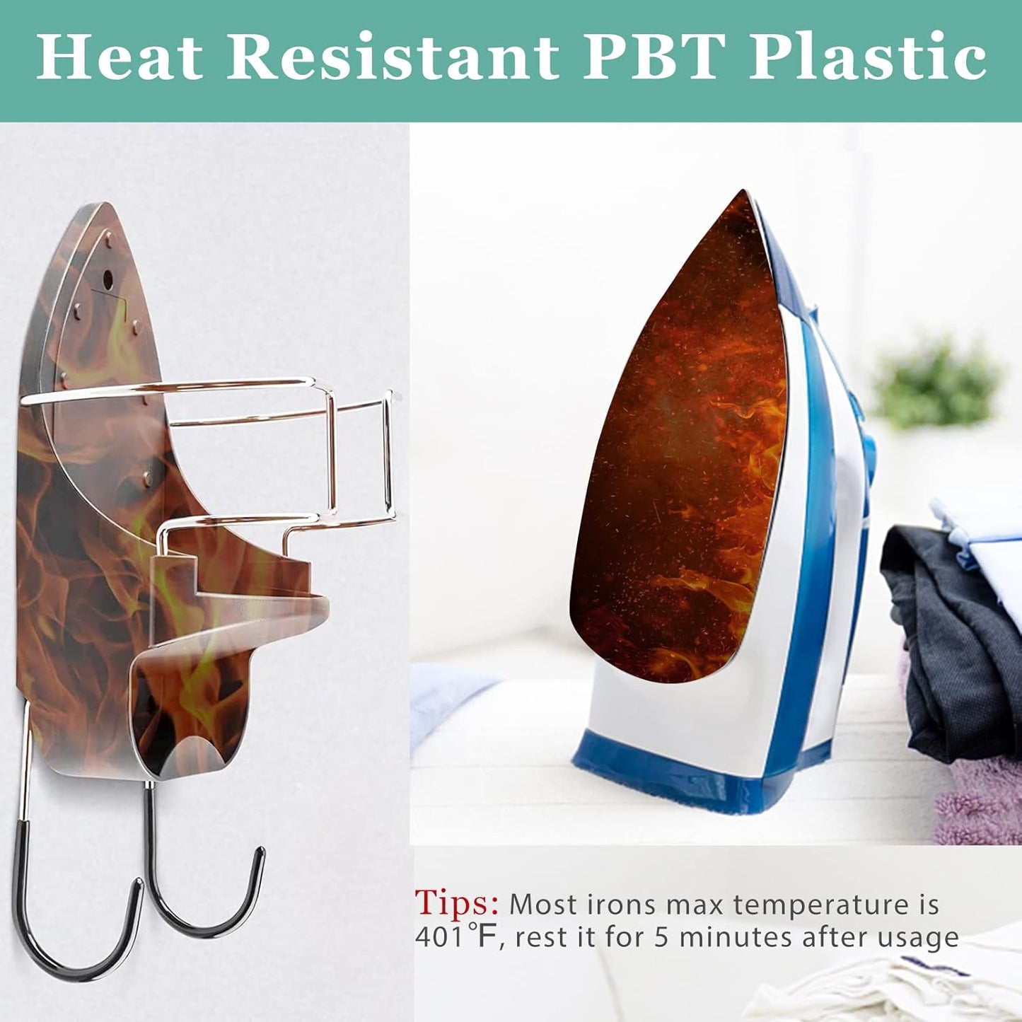 Ironing Board Hanger Wall Mount Electric Iron Holder Iron and Ironing Board Storage Organizer Shelf with Removable Hooks for Household Bathroom Laundry Room (Black)