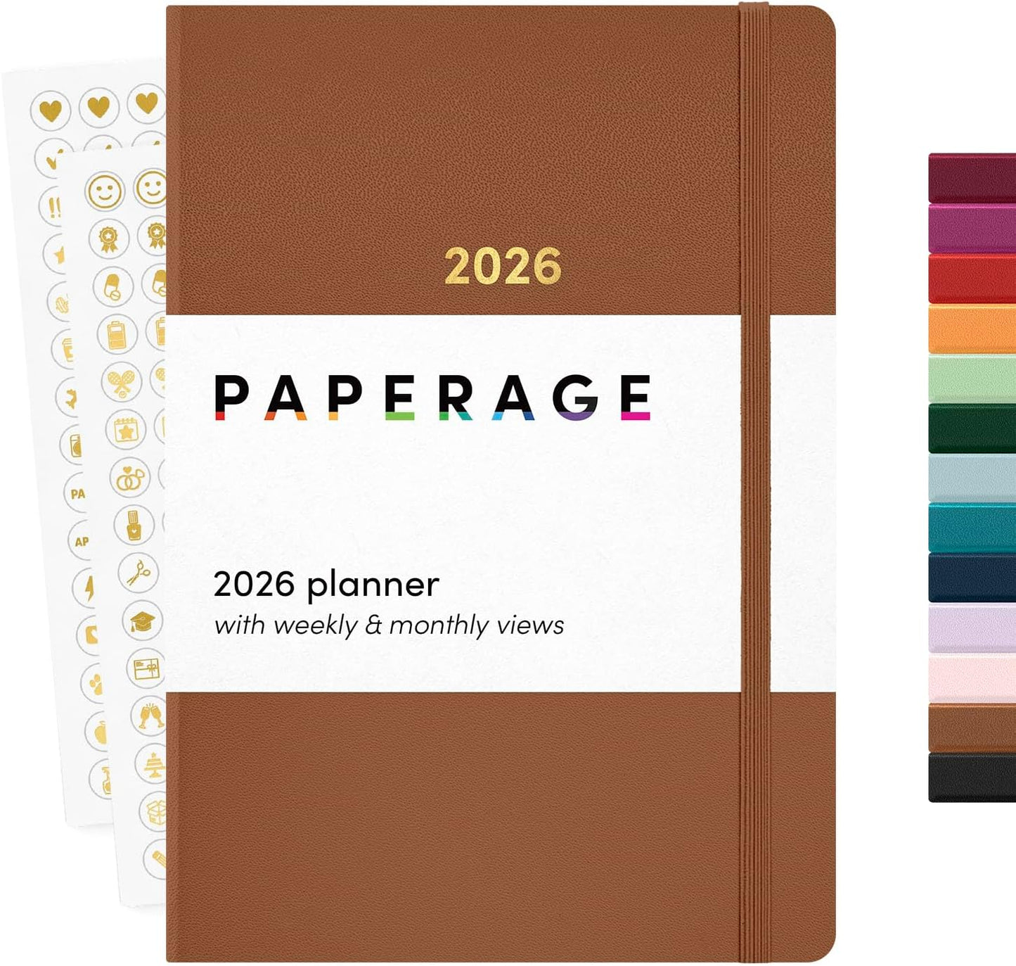 PAPERAGE 2026 Weekly & Monthly Planner, 12 Months (January 2026 - December 2026), 5.6 in x 8 in, Hardcover 2026 Planner with Weekly & Monthly Spreads, Note Pages, Stickers & Back Pocket – Cognac