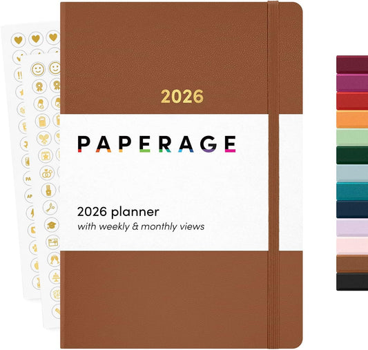 PAPERAGE 2026 Weekly & Monthly Planner, 12 Months (January 2026 - December 2026), 5.6 in x 8 in, Hardcover 2026 Planner with Weekly & Monthly Spreads, Note Pages, Stickers & Back Pocket – Cognac