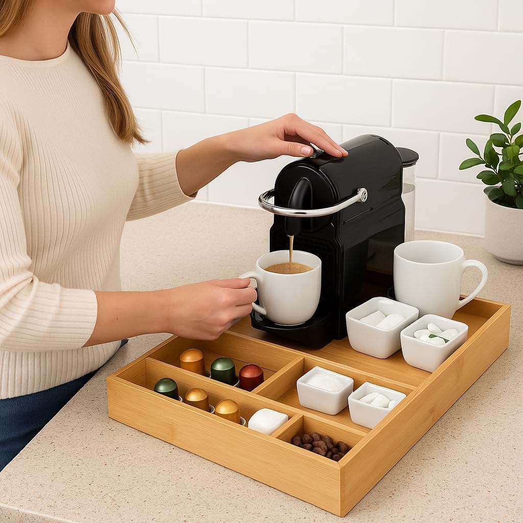 Natural Bamboo Coffee Station Organizer Tray – Multipurpose Storage for Coffee Accessories, Tea, and Condiments – Ideal for Kitchen Countertops, Restaurants & Buffet Stations (15” x 18.3”)