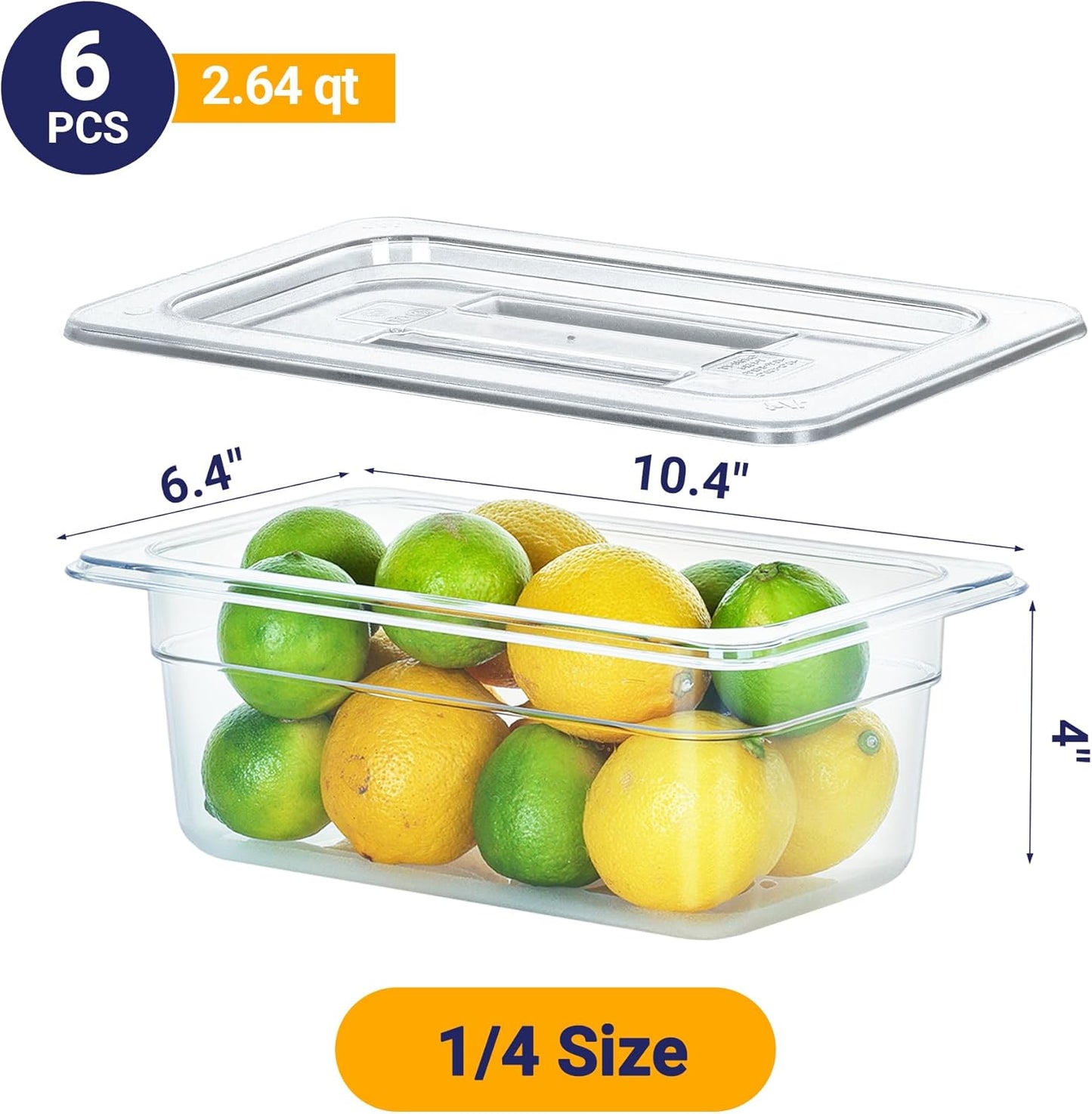 6 Pack NSF Food Pans with Lids, 1/4 Size 4'' Deep Commercial Food Storage Containers, Polycarbonate, Clear