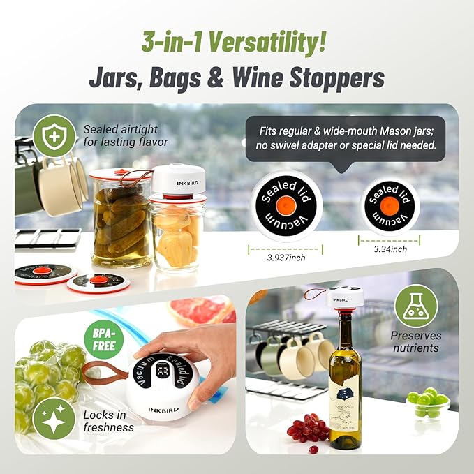 INKBIRD 2025 Upgrade 3-in-1 Electric Mason Jar Vacuum Sealer Kit for Wide/Regular Mouth Canning Jars & Bags, Wireless Portable & Automatic Jar Sealer with Reusable Mason Jar Lids*4, 100 Cycles, Gift