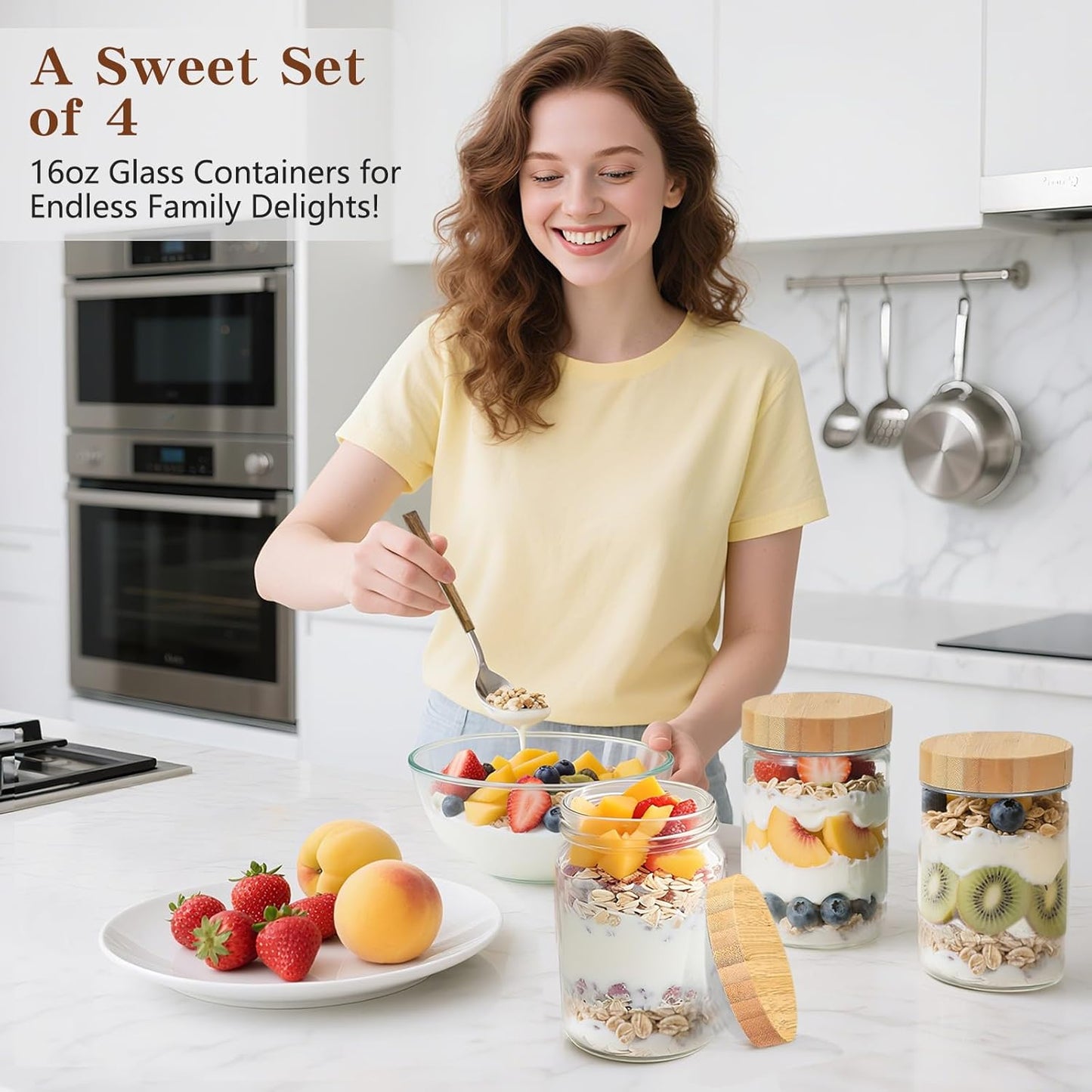 16oz Overnight Oats Containers with Bamboo Lids, Glass Jars with Airtight Lids, Wide Mouth Mason Meal Prep Jars, Food Storage Container for Yogurt Salad Chia Pudding Snacks Spice Sugar,4 Pack