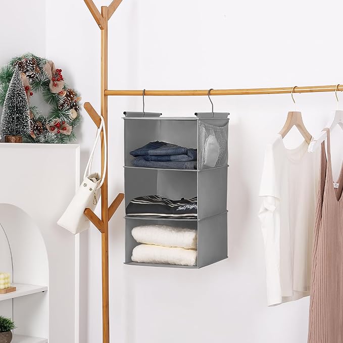 MAX Houser 3 Tier Shelf Hanging Closet Organizer, Space Saver,Closet Hanging Shelf with 2 Sturdy Hooks for Storage, Foldable (Grey)