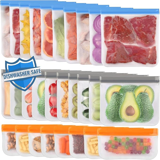 Lerine 28 Pack Dishwasher Safe Reusable Freezer Bags, Extra Thick Leakproof Reusable Food Storage Bags, BPA Free Kitchen Storage for Veggies Food Travel (Multicolor, 10 Gallon 10 Sandwich 8 Snack)