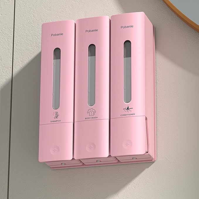 1984 Shower Soap Dispenser Bathroom Set Shampoo Conditioner Body Wash Dispenser Wall Mounted Shower Shampoo Dispenser 3 Chamber No Drill for Home Star Hotel 3 x 400ml Pink