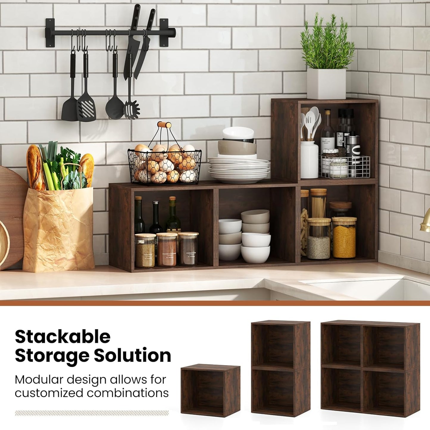 Stackable Cube Bookshelf, Modular Cubby Storage Organizer, Small Bookcase for Small Spaces, Combination Cubical Shelf, Wooden Display Shelving Unit (Rustic Brown, 1-Cube)