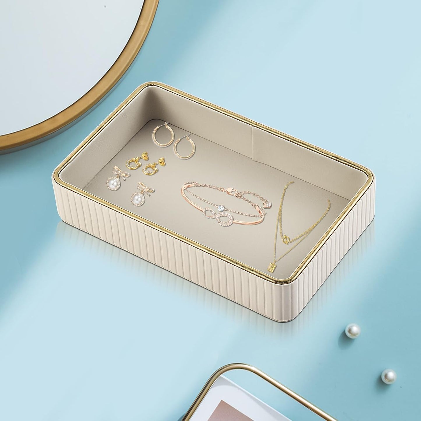 PU Leather Valet Tray,Desk Organizer Tray Nightstand Organizer Trinket Dish Storage Key Bowl Decorative Trays for Phone Wallet Jewelry Watch,Bathroom Bedroom Perfume Vanity Trays,Apricot