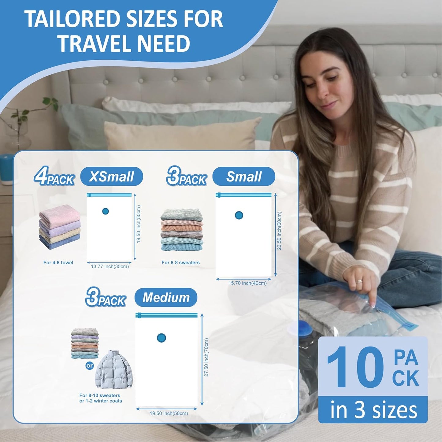 Cozy Essential Travel Vacuum Bags with Rechargeable Electric Pump, 10 Pack Vacuum Travel Bags for Luggage and Suitcase, Vacuum Seal Space Saver Compression for Clothes Clothing