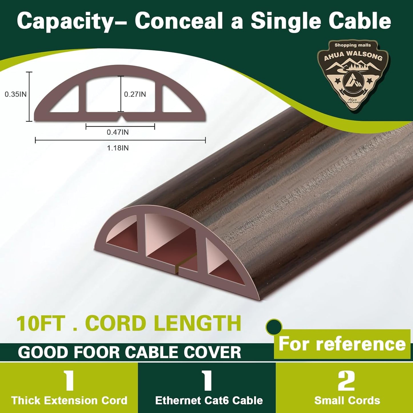 Floor Cord Cover Cable Cavity Self Adhesive Hider - Electric Cord Covers for Living Rooms, Offices - Cable Cover Protector (Black Wood, 1.18" x 10')