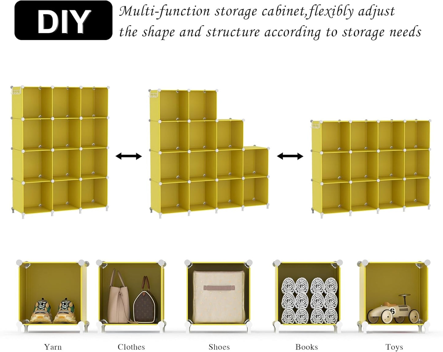 AWTATOS Cube Storage Organizer, Storage Cubes Shelves, 12 Cube Closet Organizers and Storage, DIY Stackable Bookshelf Plastic Clothes Organizer Shelving for Bedroom, Home,Yellow