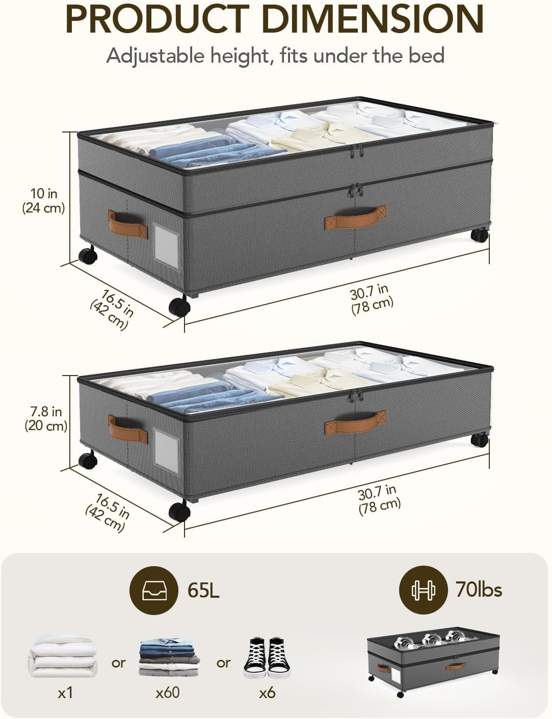 Under Bed Storage with Wheels, 10 inches Under the Bed Storage Containers Large, 65L XXL Adjustable Storage for Underbed with Lids, Rolling for Shoes, Clothes, Blankets, Grey