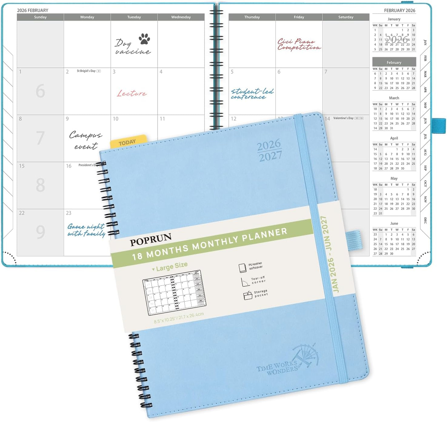 POPRUN Monthly Planner 2026-2027 (Large 8.5" x 10.5") 18 Months Calendar (Jan 2026 - Jun 2027) - 4 Pages per Month with Expense & Notes, Stair-like tabs, Leather Cover, Sunday Starts - Blue