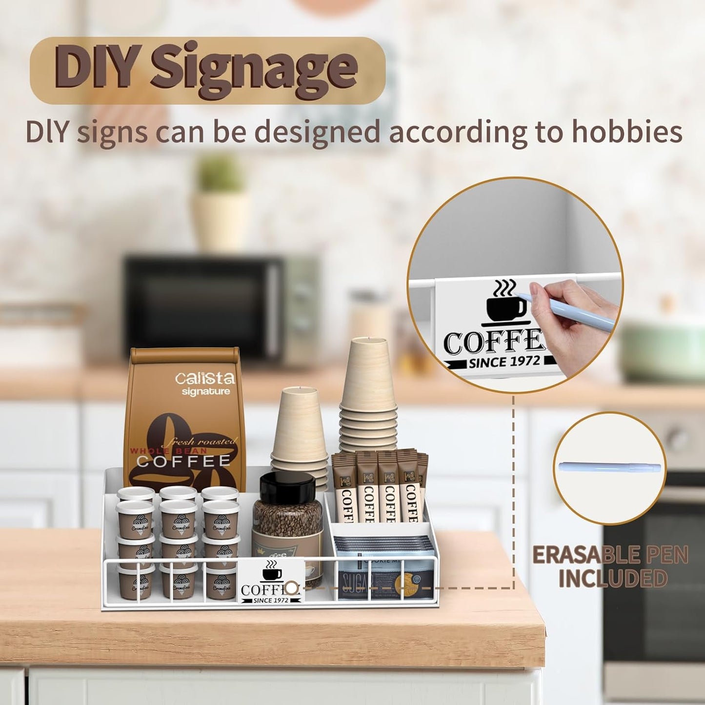 Metal Coffee Station Organizer for Countertop - Coffee Bar Organizer with Designable DIY Logo, K Cup Pods Holder & Tea Condiment Storage - Rustic Breakroom Kitchen Decor in White （1 Pcs）