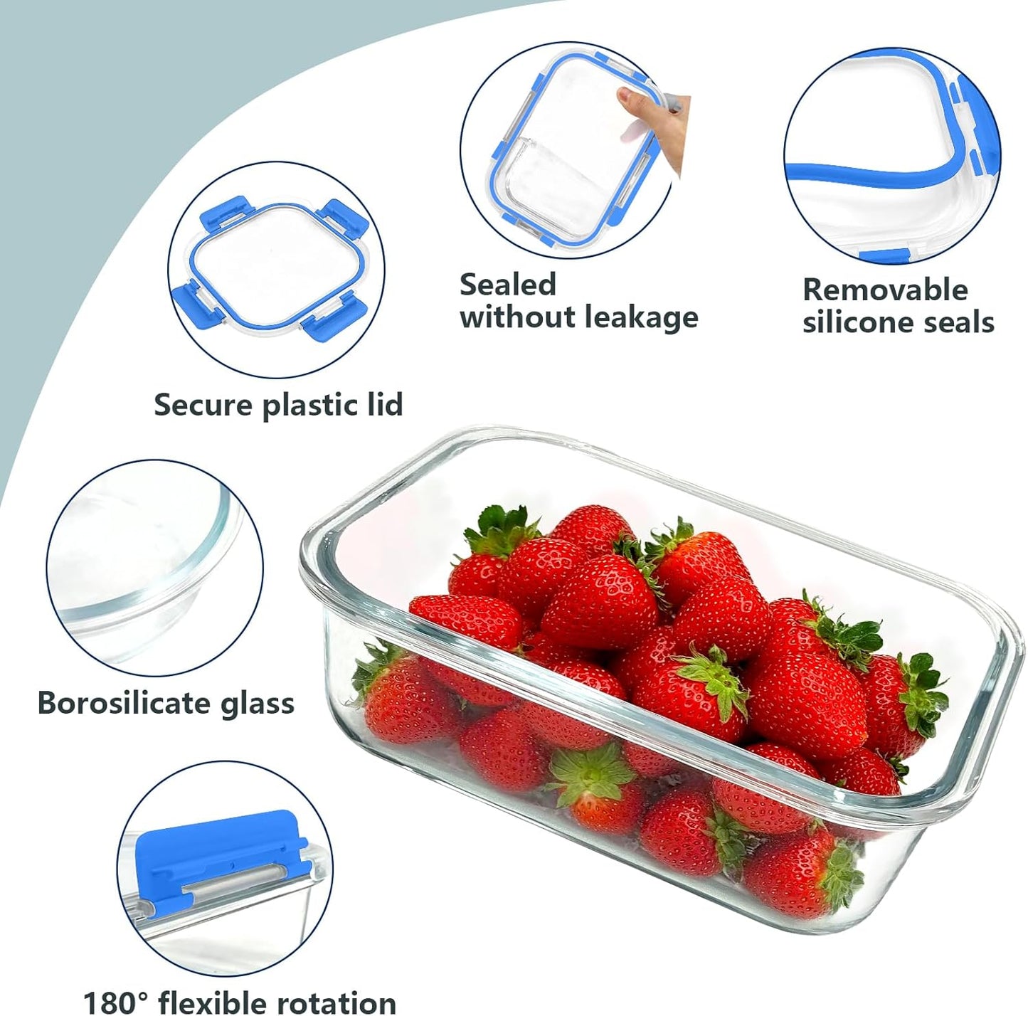 12 Pack Glass Food Storage Container Set with Lids Airtight, Stackable Meal Prep & Leftover Containers, Lunch Box for Microwave, Oven, Freezer and Dishwasher (Blue)