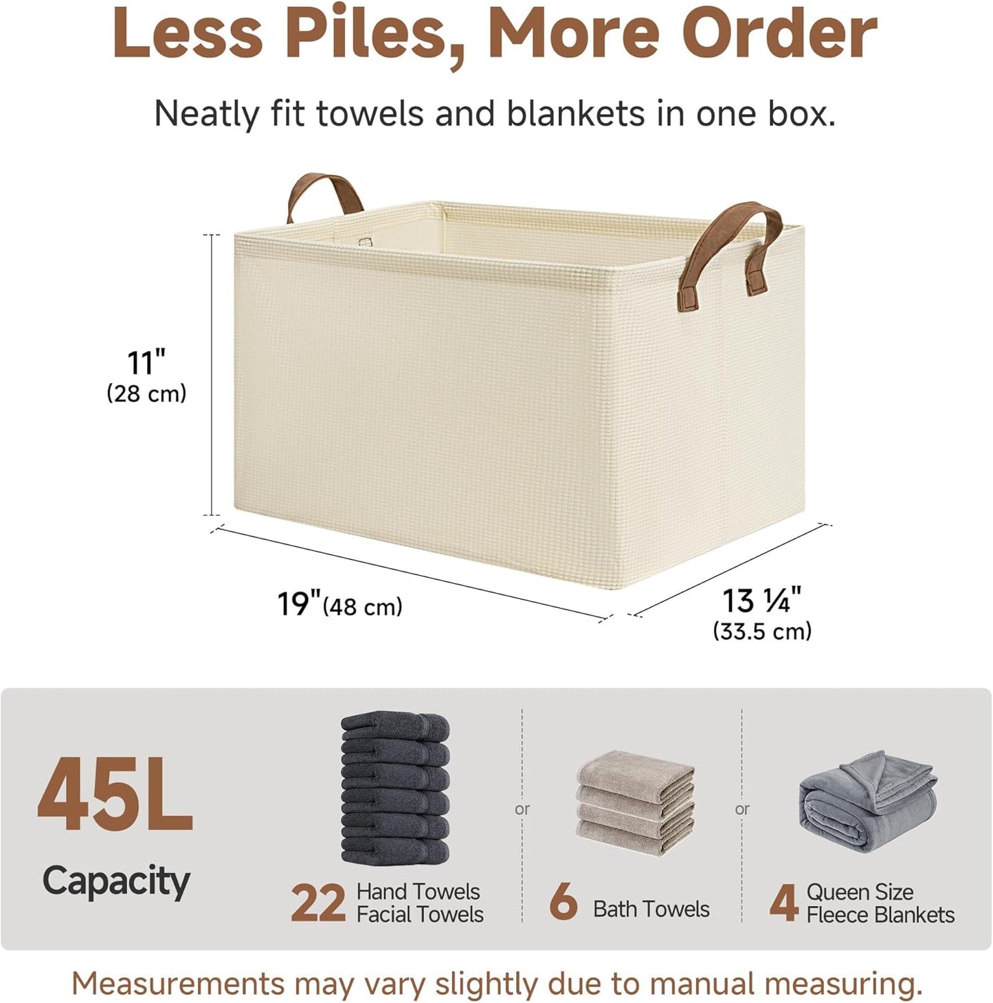 StorageWorks Storage Bins, Shelves Baskets for Organizing, 45L Extra Large Fabric Closet Organizers with Handles, Metal Frame, Beige（Texture）, 2-Pack