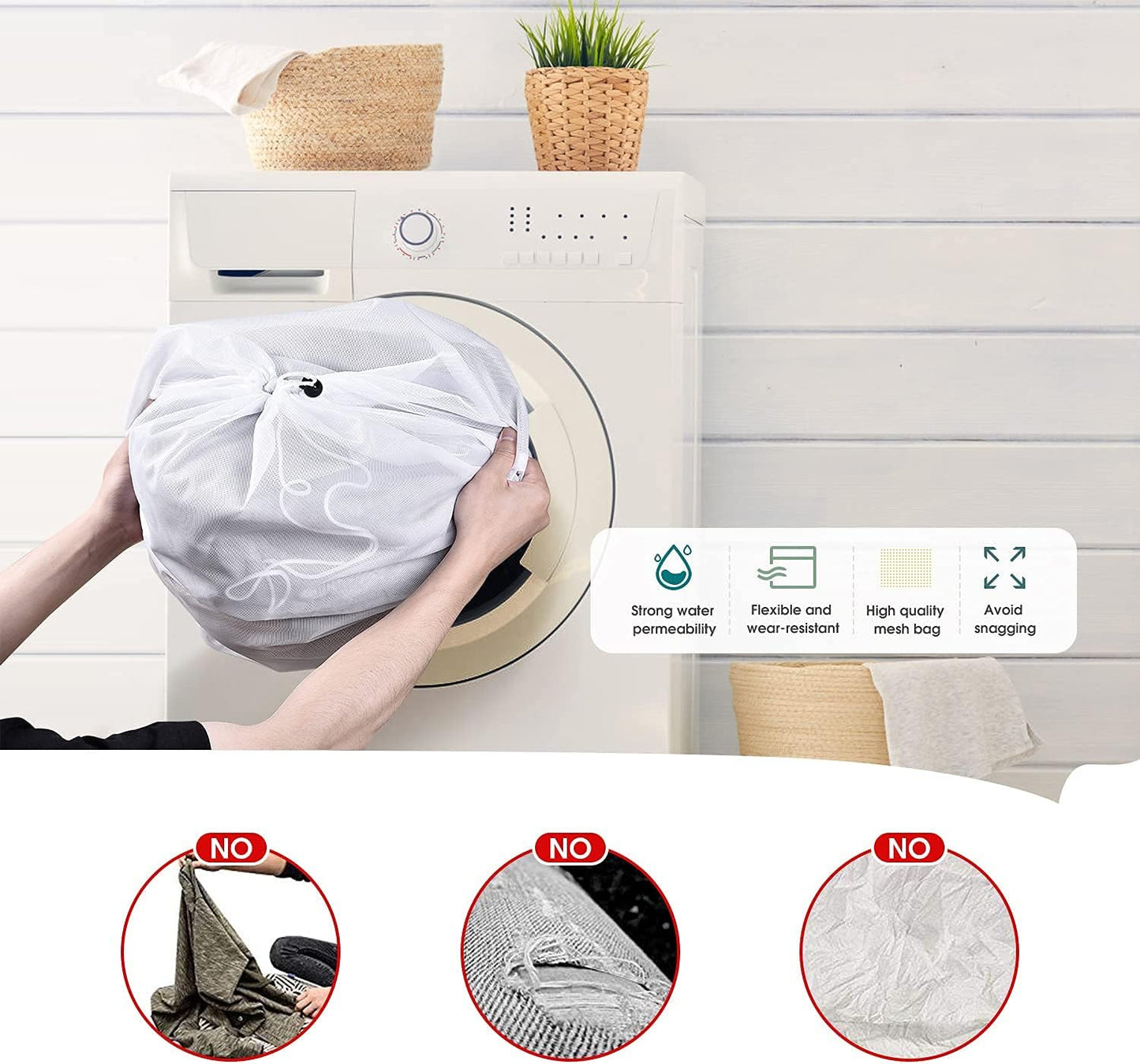 OTraki 2 Pcs Large Mesh Laundry Bags 24X36 Inch Heavy Duty Drawstring Laundry Wash Bag, Dirty Clothes Laundry Hamper Liner Machine Washable Storage Bag for Travel Dorm Camp Hotel Beach White