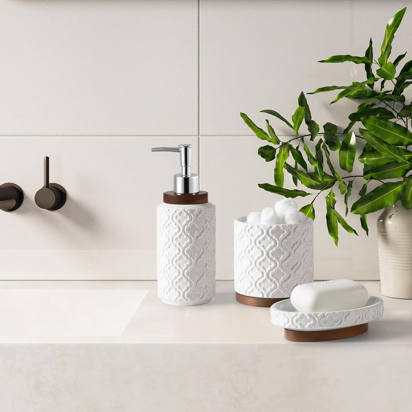 Bathroom Accessories Set 5 Pieces Toothbrush Holder Soap Dispenser Ceramic Bathroom Accessory Set Contain Cotton Swab Jar Toothbrush Cup Soap Dish Tumbler