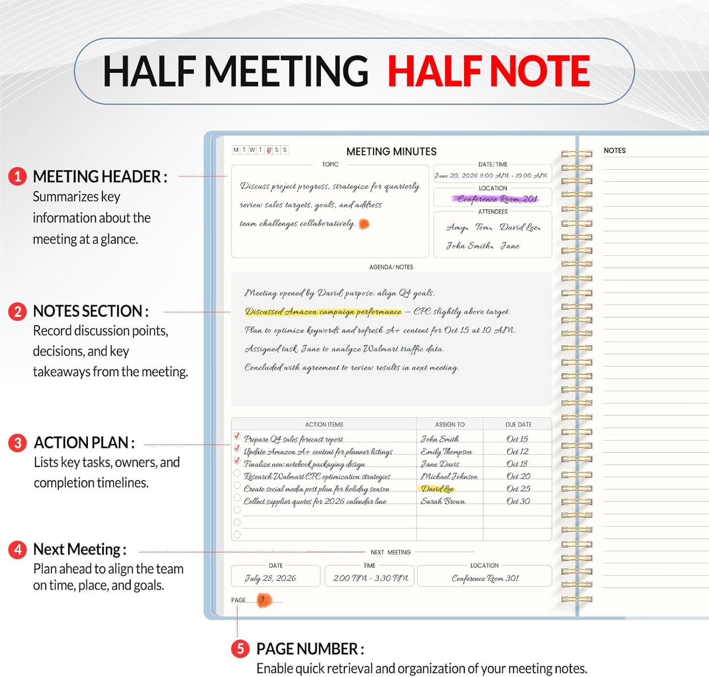 SUNEE Half Meeting Half Note 8.5"x11" Notebook for Work – 140 Pages, A4 Size Project Planner for Women&Men, Minutes Organizer for Meeting Notes, Ideas for Office/Business, PVC Waterproof Cover, Blue