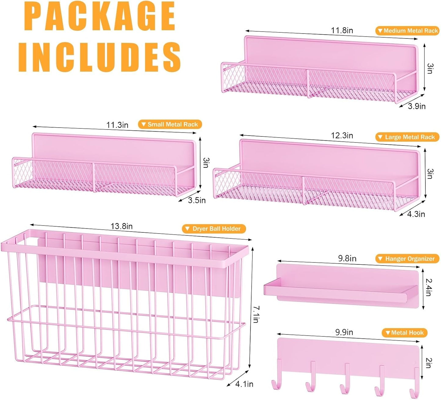 6-Pack Magnetic Shelves for Washing Machine & Refrigerator, Heavy-Duty Laundry Organizer with Hanger Holder & Deep Baskets, Metal Storage System for Laundry Room (Pink)