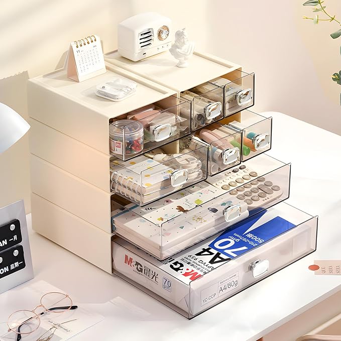 Spacious Desktop Storage Box, 1 Large 1 Middle & 2 Small Storage Drawers, Stackable Office Desk Drawer Organizer and Accessories, Printer Paper Organizer, Cream Plastic Drawers for Workspace