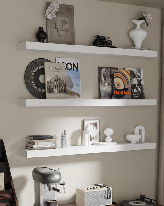Floating Shelves for Wall, 48 Inch Extra Long White Wall Shelves, Set of 3, Hanging Invisible Brackets Floating Shelves for Living Room,Bedroom,and Kitchen