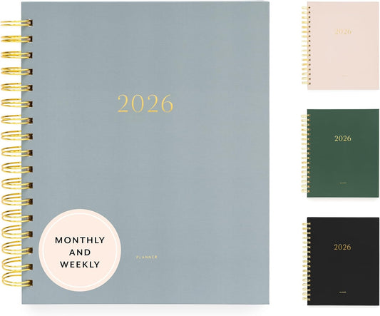 Sugar Paper 2026 Signature Spiral Planner, Weekly and Monthly, January to December, 7.5" x 9.25", Calendar for Women, Matte Paper Hardcover, Spiral Bound, Pocket for Storage,12 Month, Dusty Blue