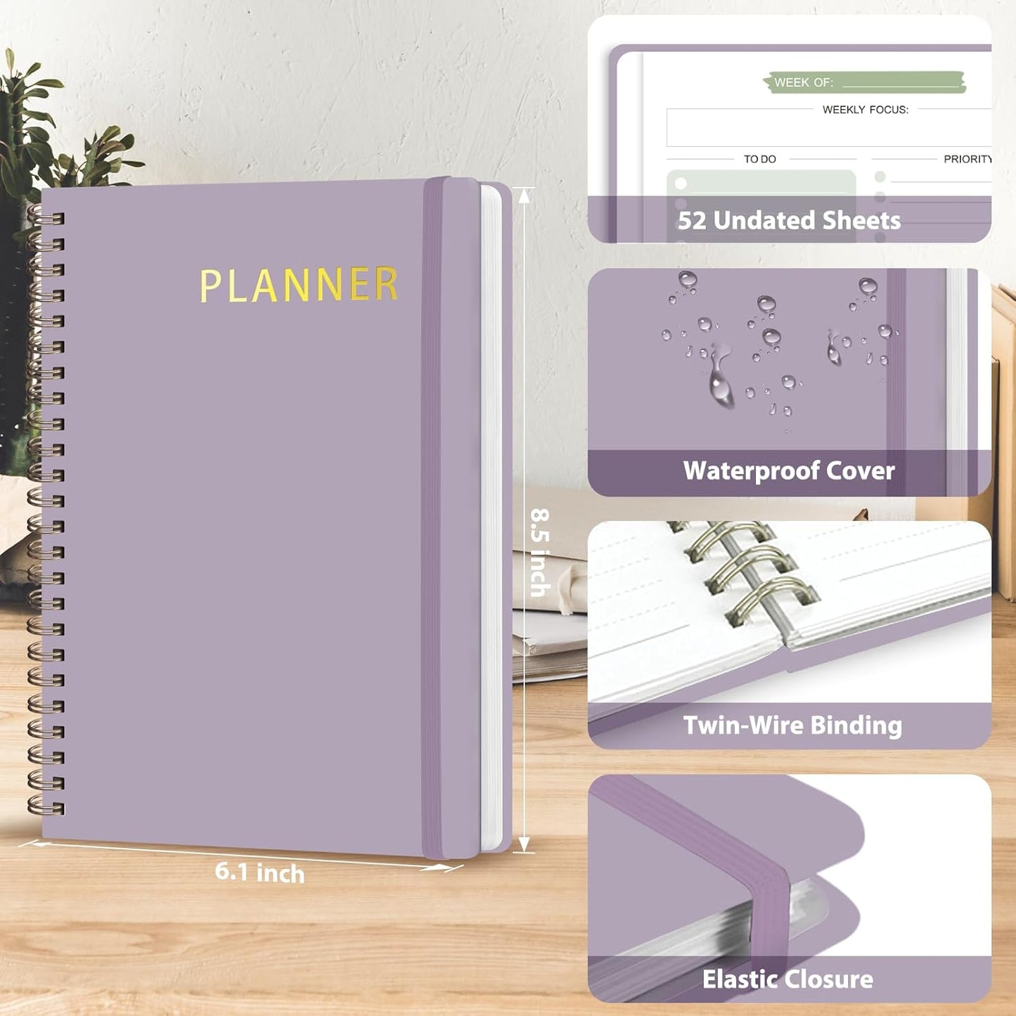 Undated Weekly Planner, Weekly To Do List Notebook with Goal, Organizer & Habit Tracker, A5 Daily Planner with Spiral Binding, Ideal for Office School Suppies (Purple)