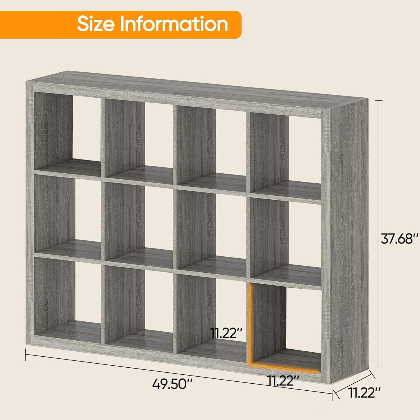 furtble Bookshelf with Storage Bins, 12-Cube Storage Organizer, Modern Wood Open Bookcase, Multifunctional Display Shelf for Living Room, Bedroom, Home Office, Gray Oak