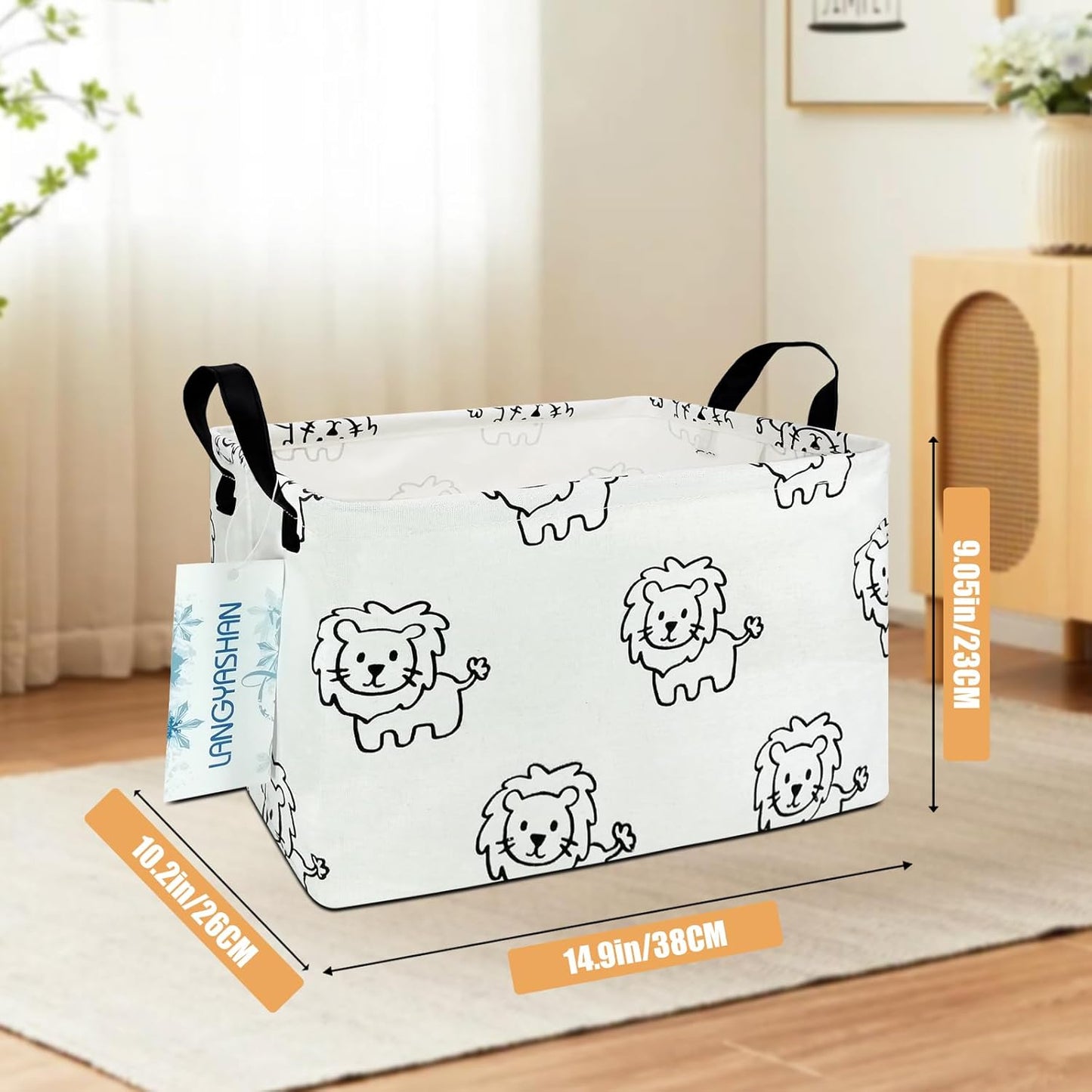 LANGYASHAN Rectangular Storage Bin Collapse Canvas Fabric Cartoon Storage Basket with Handles for Organizing Home Kitchen Boys and Girls Toys Office Closet Shelf Baskets (Rec lion)
