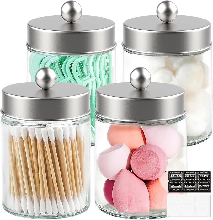 4 Pack Glass Apothecary Jars with Lids for Bathroom, Cute Qtip Holder, Silver Bathroom Accessories Set, Small Bathhouses Canisters with Lids for Q-Tips, Cotton Swabs, Silver Bathhouses Decor