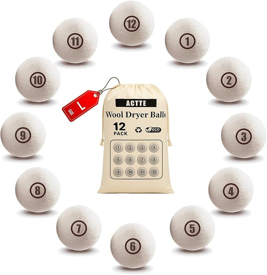 Wool Dryer Balls Laundry, L(2.3") 12 Pack, Premium Fabric Softener Ball, Reusable, Anti Static, Chemical Free Natural Wool Balls for Dryer, Laundry Dryer Balls – 100% New Zealand Wool
