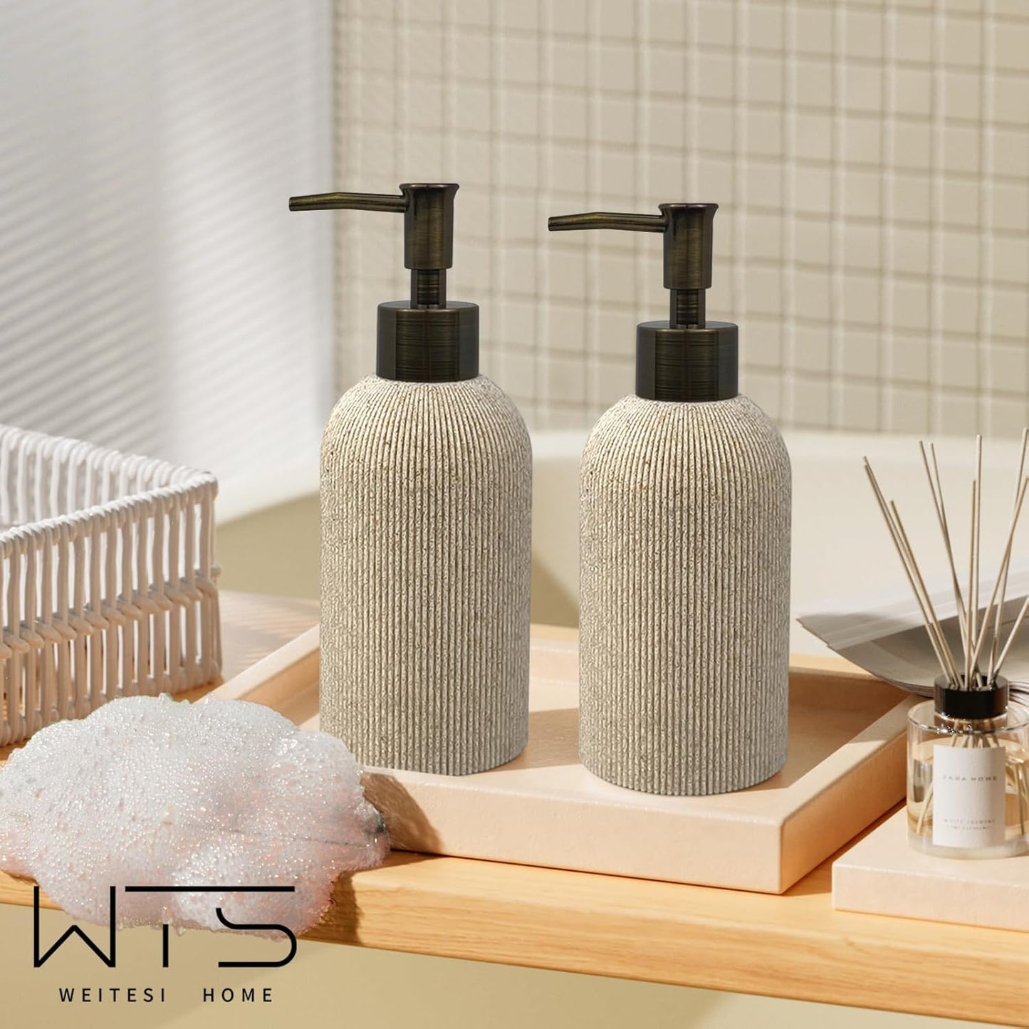 Hand Soap Dispenser for Bathroom and Kitchen Countertop, 10 oz Resin Soap and Lotion Dispensers Set with Plastic Rust Proof Pump, Boho Refillable Liquid Dish Soap Dispensers Bottle,Beige