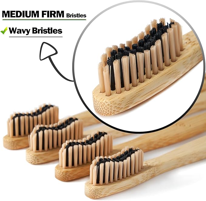 10 Count Bamboo Toothbrush (Soft+Medium) Charcoal Toothbrushes, Natural Wood Toothbrush, Reusable Travel Toothbrushes