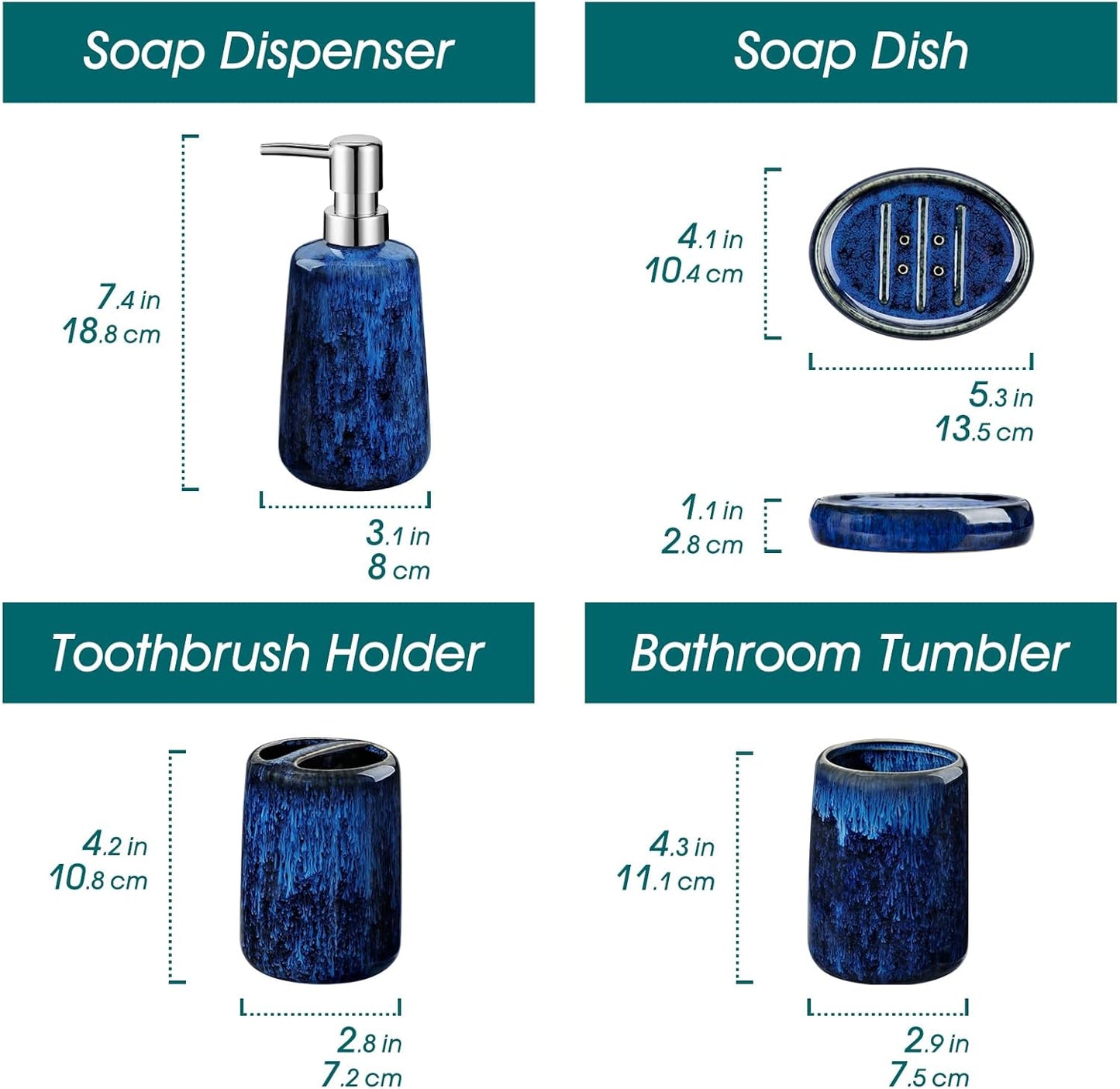 vancasso Blue Bathroom Accessories Set, Ceramic Soap Dispenser and Toothbrush Holder Sets, Stoneware 4 Pcs Bathroom Sink Set for Modern Home Decor, Series Starry