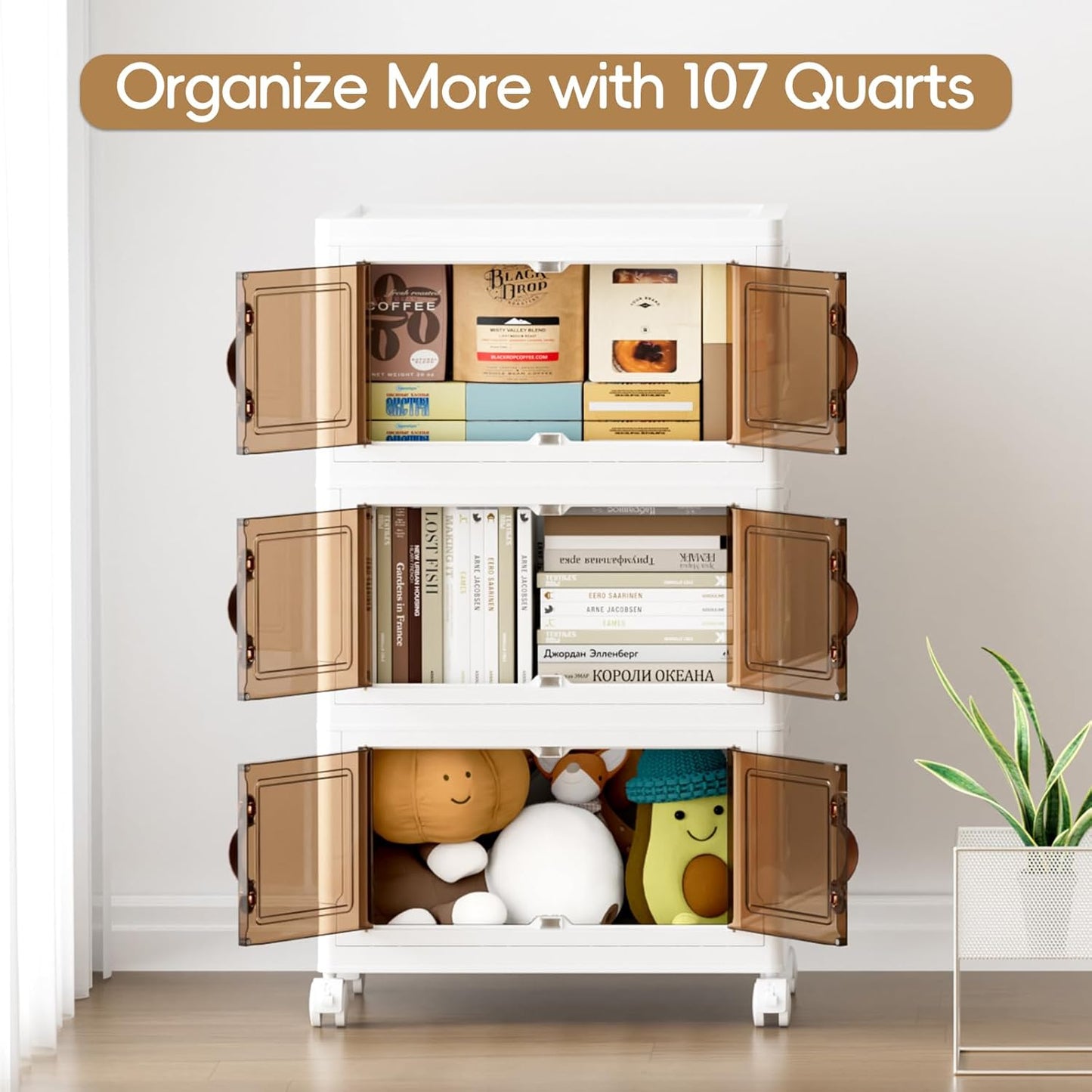 JEKO&JEKO 107Qt Stackable Storage Bins with Lids and Wheels, Foldable Collapsible Plastic Boxes for Clothes, Home, White, 3 Pack