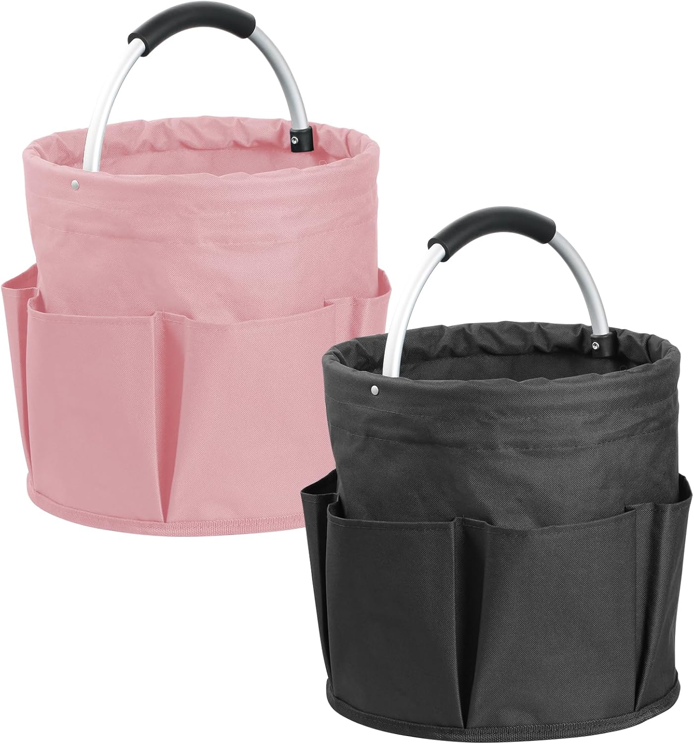 2Pack 17L Foldable Cleaning Supply Caddy for Family, Portable Shower Caddy with Handle and Pockets, Garden Tool Bag in 600D Oxford Fabric, Large Storage Basket for Dorm, Travel, Black + Pink
