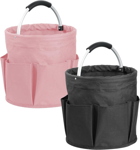 2Pack 17L Foldable Cleaning Supply Caddy for Family, Portable Shower Caddy with Handle and Pockets, Garden Tool Bag in 600D Oxford Fabric, Large Storage Basket for Dorm, Travel, Black + Pink