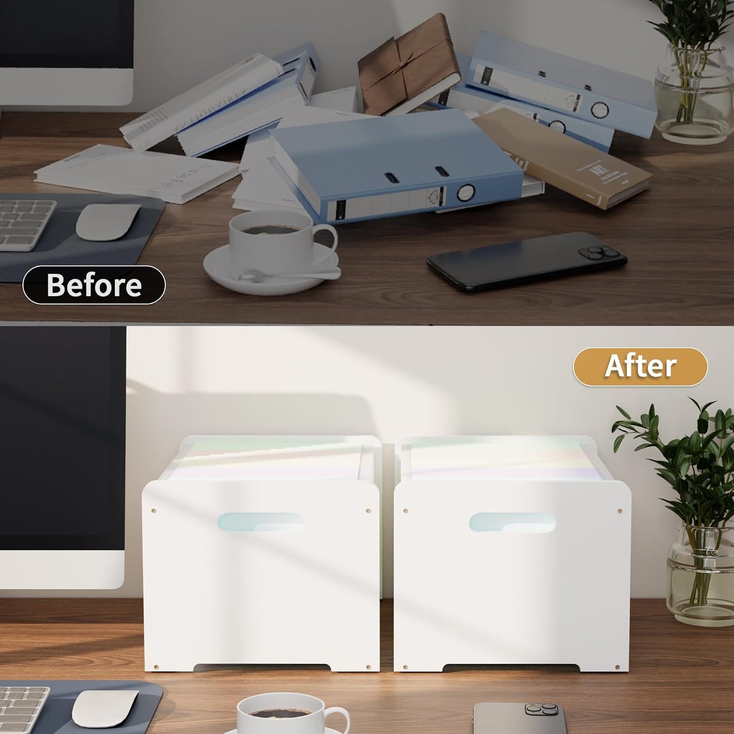 2 Pack Bamboo Hanging File Organizer, Office Desk File Organizer for Letter Size, Wood Hanging File Folders Organizer Record Holder Storage Stand Bookshelf Easy Assembly, White