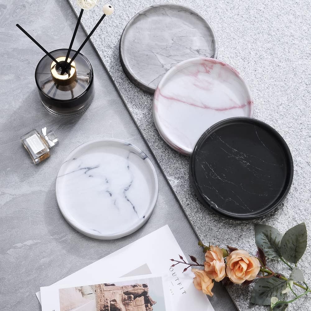 Elegant Marbled Round Jewelry Dish Key Holder, Black Ceramic Vanity Tray Bathroom Organizer for Soap Perfume Candle Small Plant, Mini Dresser Organizer Home Decor(Black, 4.7")