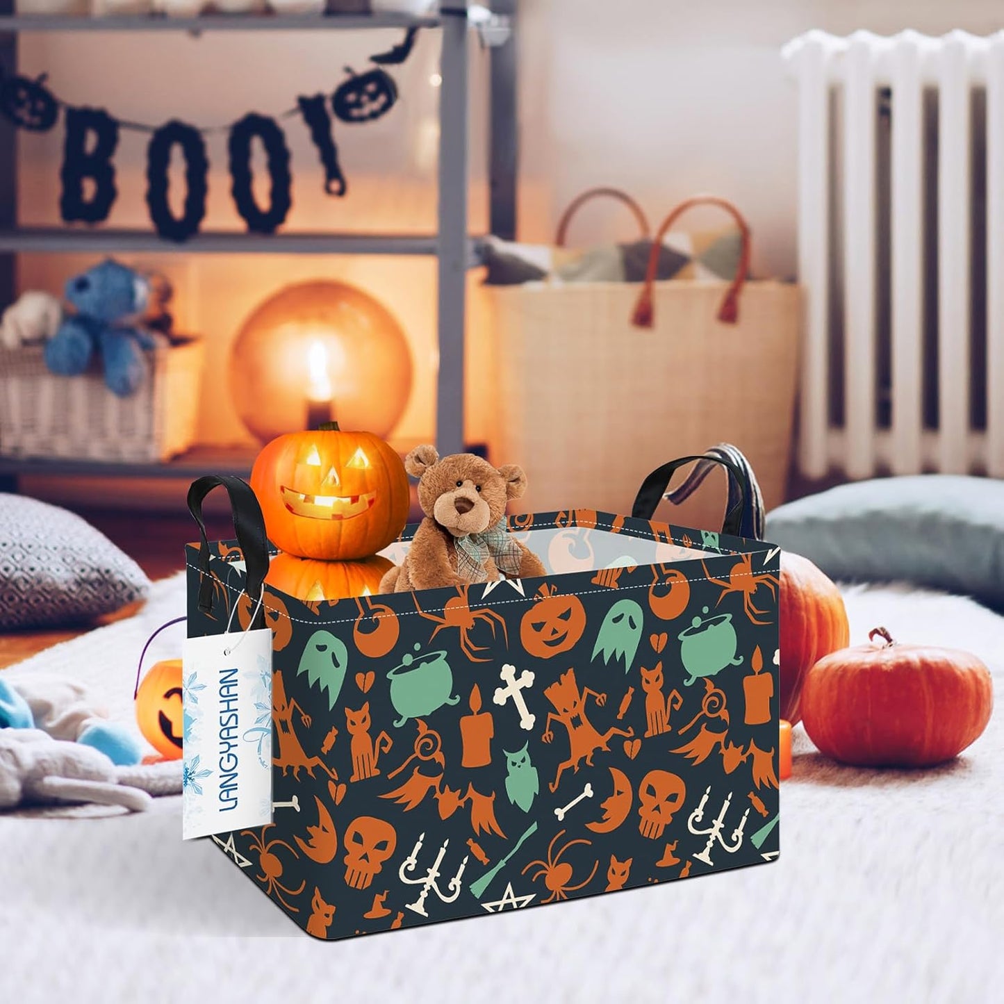 LANGYASHAN Rectangular Halloween Ghost Storage Bin Collapse Canvas Fabric Cartoon Storage Basket Home Kitchen Boys and Girls Toys Office Closet Shelf Baskets (Rec Halloween Ghost Basket)