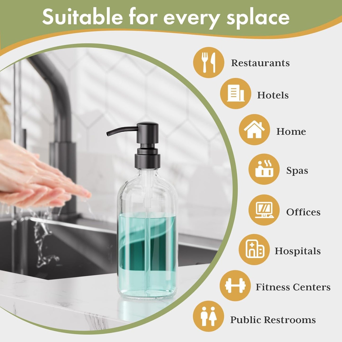 AmazerBath Soap Dispenser, 2 Pack Glass Soap Dispenser with Stainless Steel Pump, 17 Oz Bathroom Hand Soap Dispensers Bottle for Bathroom & Kitchen, Clear & Black