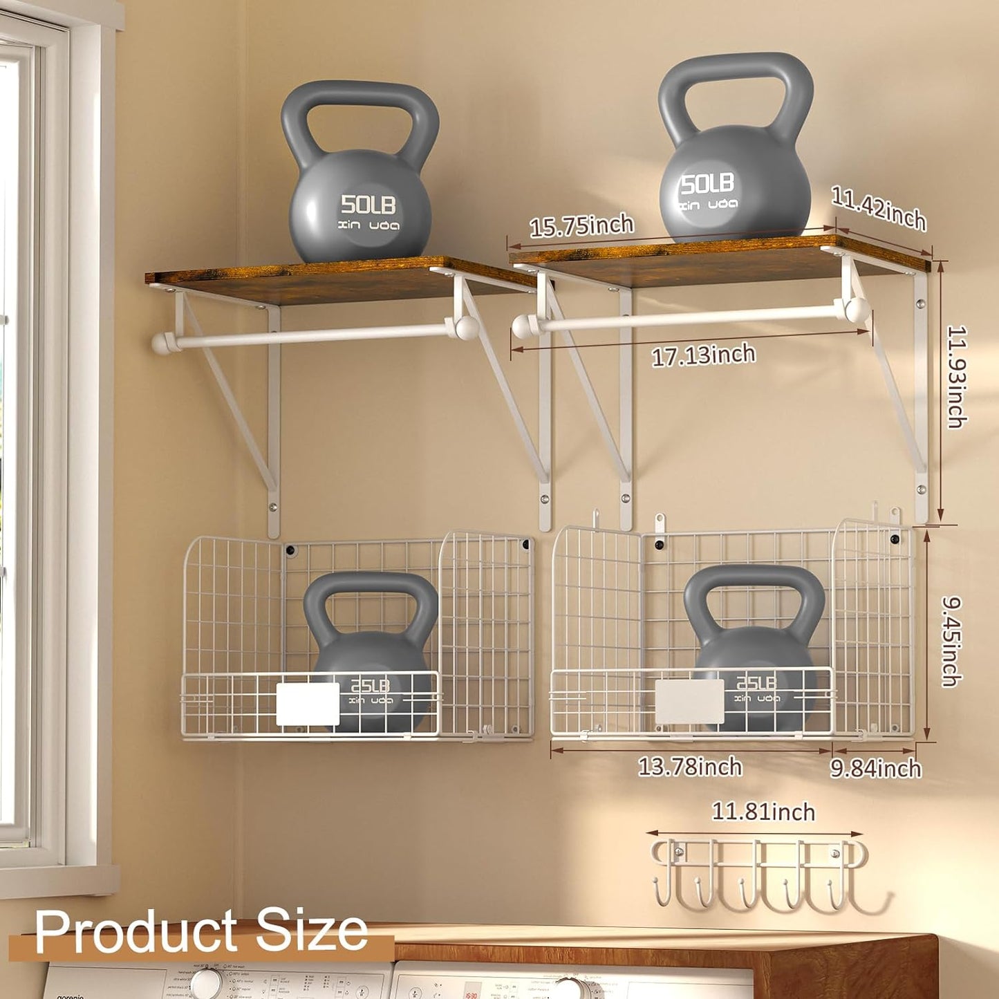 2 Set Laundry Room Shelves Wall Mounted with Wire Storage Baskets, Over Washer and Dryer Shelves with Hanging Rods and Hooks, Wire Shelves for Laundry Organization and Storage, White, Wooden